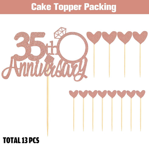 Sumerk 35th Anniversary Cake Topper, 13PCS Rose Gold Glitter Cake Decorations for Wedding Anniversary Celebration Party