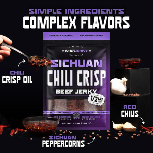 104 8 OZ (2 Pack) MaxJerky Sichuan Chili Crisp Beef Jerky, Grams of Protein