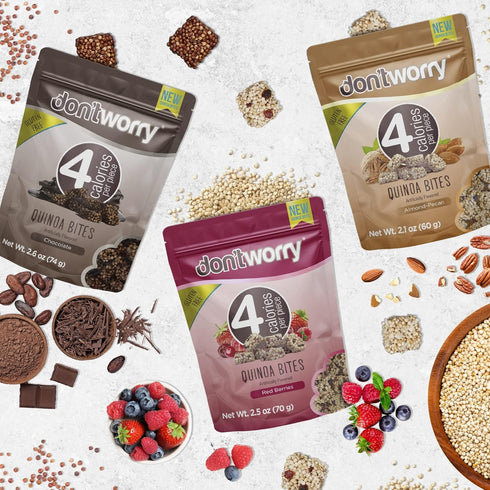 4 6 Pack) Don't Worry Chocolate Quinoa Bites - Low Calorie Snacks, Only Calories per Piece!, Healthy Chocolate Granola