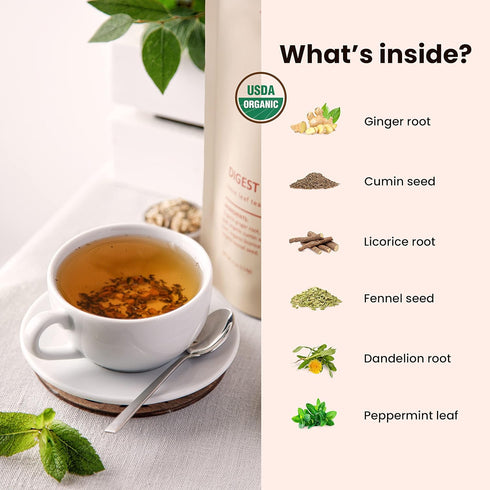 Gardenika Organic Digestive Loose Leaf Tea, Ayurvedic Blend with Dandelion Root, Ginger, Peppermint, Licorice – 4 oz