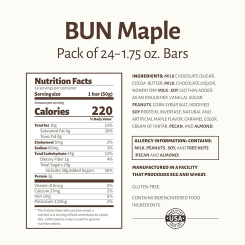 Pack 24 Pearson's Maple BUN Cluster Bar | Roasted Peanuts, Real Milk Chocolate, and Maple Nougat | of |Individually