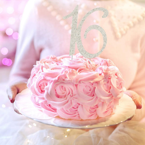 Celebration 16 Cake Topper for 16th Birthday Sweet 16 Party Supplies Decoration Ideas - Silver Rhinestone Number