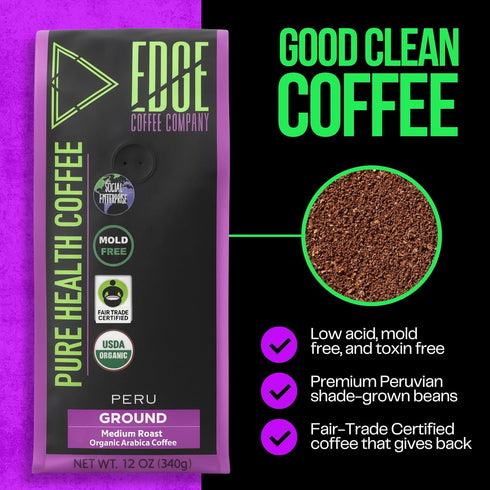 12oz Mold Free Pure Health Coffee - Organic Fair Trade Specialty Grade Low Acid Clean Coffee (Ground)
