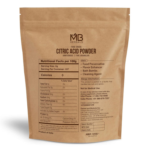2 lb 100% MB Herbals Citric Acid Powder | Pure Anhydrous Fine Granulated Citric Acid Powder | Food Preservative Flavor