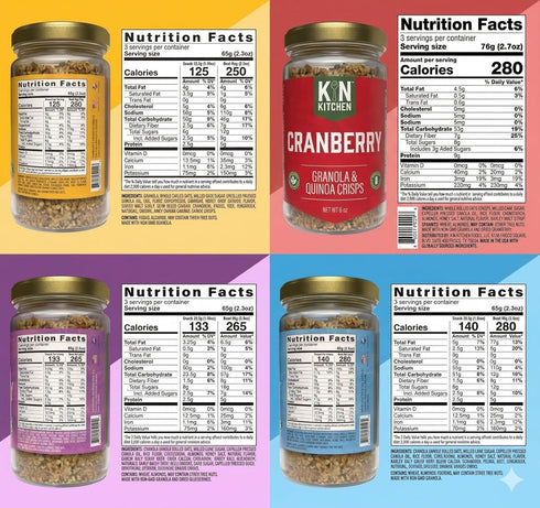 Pack Kin Kitchen non-GMO Granola & Organic Quinoa Crisps, in a Glass Jar Recyclable and Resusable. Made with Real