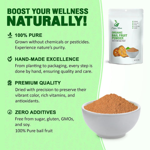 CEYLON HERBS 100% Bael Fruit Powder - Pure, Organic, Wild-Crafted for Traditional Cordials, Teas and Smoothies