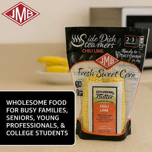 4 Count JMB Produce Side Dish Steamers - Corn Side Dishes - Chili Lime Flavor - Microwavable Fresh Vegetables - Pantry