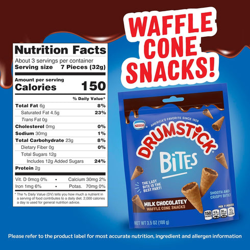 Drumstick 3.5 oz Bites Milk Chocolatey Waffle Cone Snacks, Chocolate Dessert, Pantry Snacks