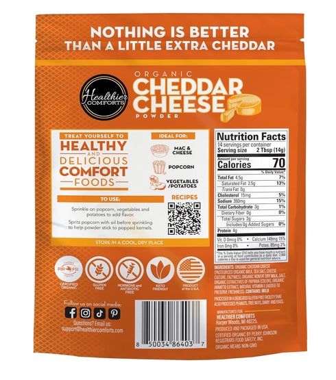 (7 oz) Healthier Comforts Organic Cheddar Cheese Powder | Gluten Free, Keto-Friendly, Non-GMO, Antibiotic & Hormone