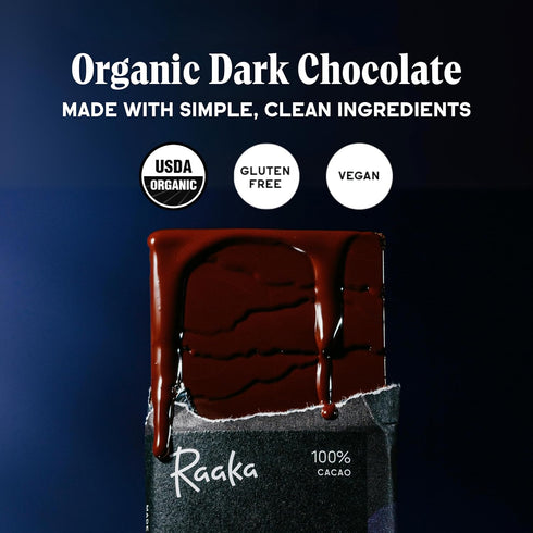 100% 1.8oz 100% 3-Pack Raaka Dark Chocolate Bars - Unsweetened, Bitter, Sugar Free, Pure Cacao - Organic, Vegan, Soy