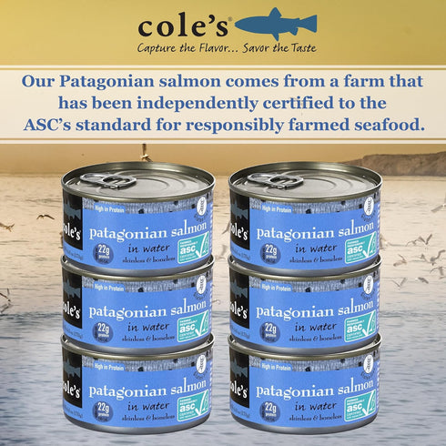 6 PACK Frozen, 6.0 oz COLES PATAGONIAN SALMON IN SPRING WATER - Fresh Caught, Never Boneless, Canned Salmon, Canned