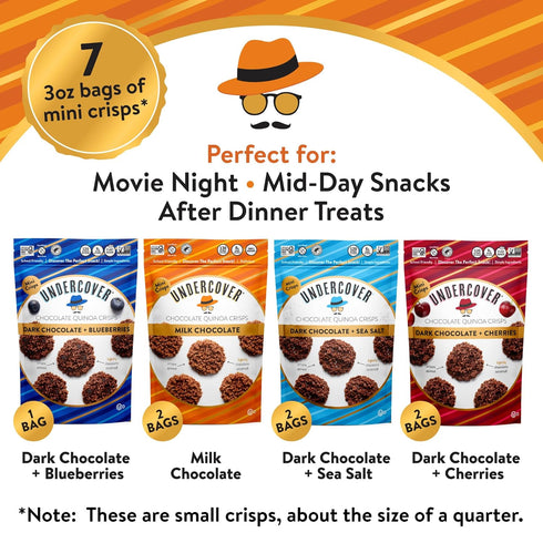 Pack 7-Pack, 3oz Undercover Snacks Chocolate Quinoa Crisps - Variety Sampler | Bags of Mini Crisps | Gluten Free