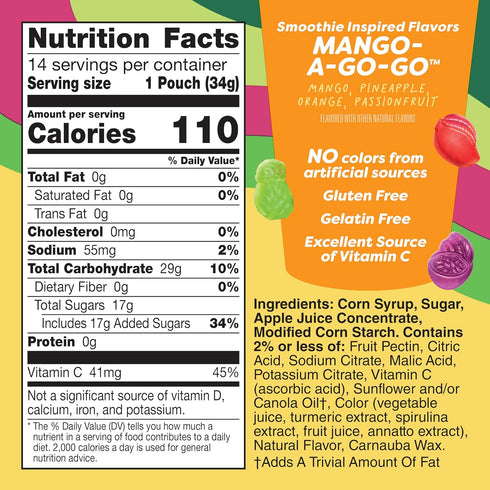 16.8 oz (14 Jamba Fruit Flavored Snacks, Mango-A-Go-Go, Smoothie Inspired Flavors, Gluten Free Snack, Pouches)