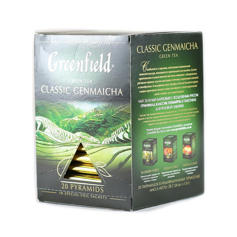 Greenfield Classic Genmaicha Pyramid Collection, 20 Pyramids in Special Foil Sachets, Specialty Green Tea