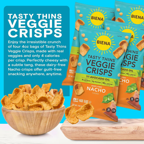 4-Pk 4oz BIENA Tasty Thins Veggie Crisps Made with Avocado Oil - Nacho, Bags Chickpeas & Veggies, Vegan, Gluten Free