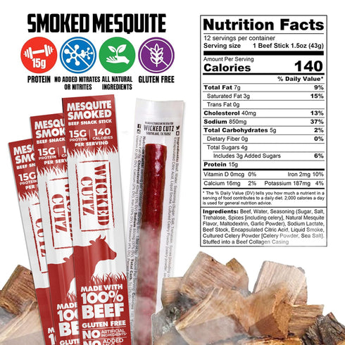 15g (12 Pack) Smoked Mesquite Beef Sticks, Protein Per Beef Stick, Tender & Juicy Extra Large Meat Stick, USA Made High