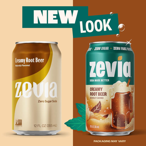 16 oz (12-Pack) Zevia Zero Sugar Soda, Creamy Root Beer, Cans Naturally Sweetened, Non-GMO Project Verified