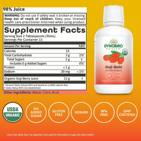 16 oz Dynamic Health Organic Goji Gold Pure Juice, No Additives, Vegetarian, BPA Free, Fl