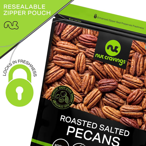 (16oz 1 LB) Packed NUT CRAVINGS - Pecans Halves, Roasted & Salted, No Shell - Fresh in Resealable Bag - Healthy Protein