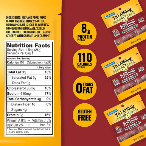Country 0.9 oz, 24 Count, Protein-Packed, Tillamook Smoker Pepperoni Smoked Sausages, Made with Beef & Pork, Real