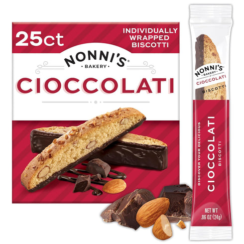 Nonni's Cioccolati Dark Chocolate Almond Biscotti Cookies Individually Wrapped Italian Coffee Snack,