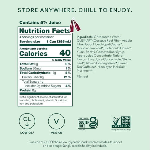 12 oz (4 OLIPOP Prebiotic Soda Pop, Vintage Cola, Prebiotics, Botanicals, Plant Fiber, fl Cans)