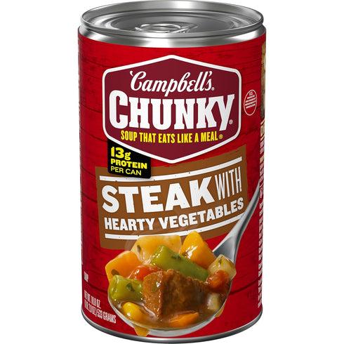 Campbells Chunky Soup, Steak With Hearty Vegetables Soup, 18.8 Oz Can