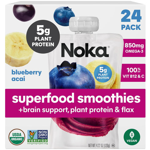 Noka Superfood Fruit Smoothie Pouches, Blueberry Acai, Healthy Snacks with Flax Seed,