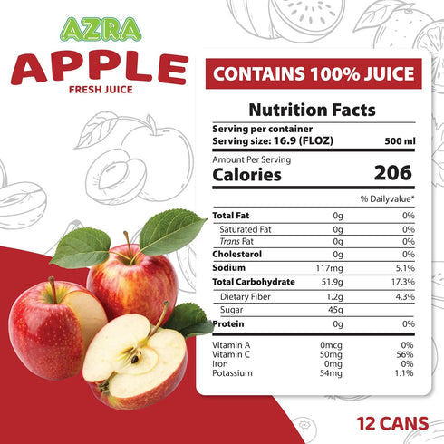 Azra Juice 100% 500ml Pack 100% 12 Pack AZRA Apple Juice Fresh Organic Fruit Taste in Cans Zero Sugar Drinks, Healthy