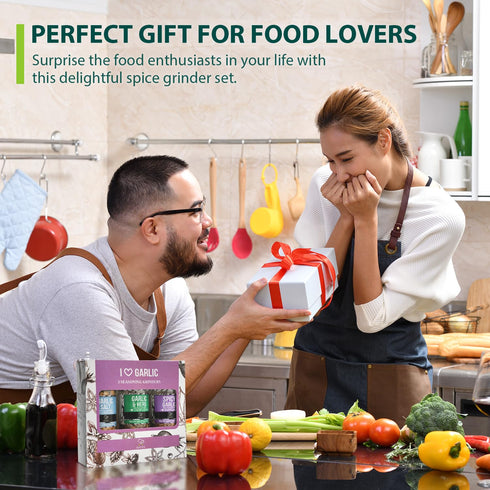Soeos Spice Seasoning Set of 3 with Integrated Grinders: Spicy Garlic, Garlic & Herbs, Garlic Salt, Seasoning Gift Set