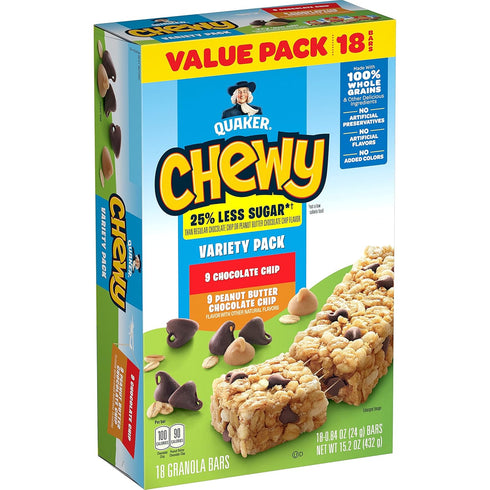Quaker Chewy Granola Bars, 25% Less Sugar, 2 Flavor Variety Pack, (18