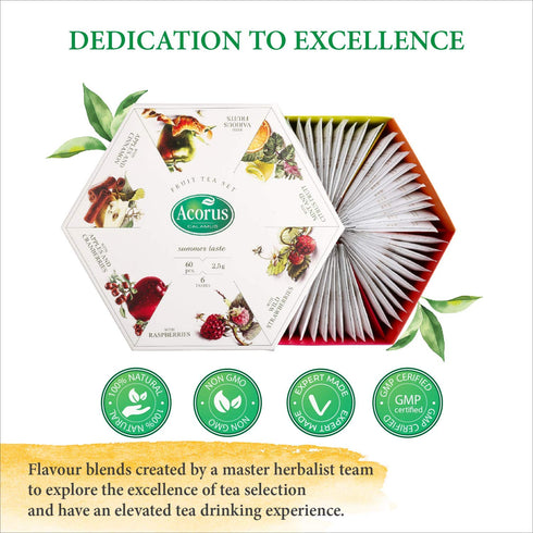 ACORUS Summer Taste Tea Set, Natural Assorted Tea Hamper Box Gift Set, 60 Teas Bags, 6 Fruit Flavors