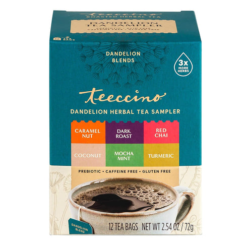 12 3x Teeccino Dandelion Tea Sampler - Tea Bags - Caramel Nut, Coconut, Dark Roast, Mocha Mint, Red Chai, Turmeric