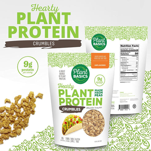 Plant Basics Hearty Plant Protein, Unflavored Crumbles, 8 oz, Non-GMO, Gluten Free, Vegan Meat Substitute