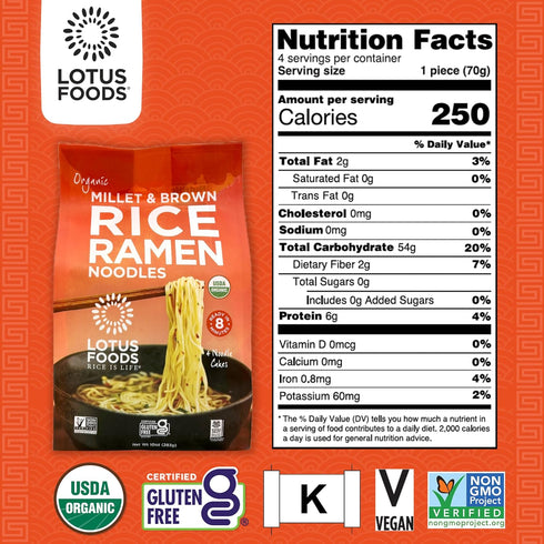 10 Oz (Pack 1) Lotus Foods Organic Millet and Brown Rice Ramen Noodles - Gluten Free Instant Ramen Noodles, Vegan, Low