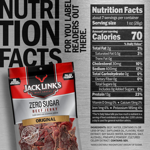 (2 Pack) 7.3 oz 13g 100% Jack Link's Original Zero Sugar Beef Jerky - Bag - Ready to Eat Protein Snacks - Protein per