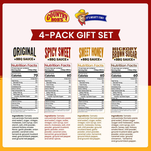 Country Pack 18oz Bob's BBQ Sauce Variety - Spicy Sweet, Original, Hickory & Brown Sugar, Sweet Honey, Savory Marinades