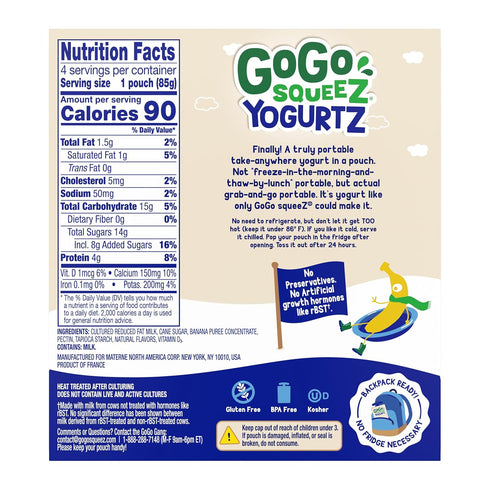 3 oz (Pack 4), GoGo squeeZ yogurtZ Banana, of Kids Snacks Made from Real Yogurt and Fruit, Pantry Friendly, No Fridge