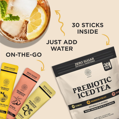 Pack 3 30 Packs Harmony Prebiotic Black Tea Variety - Flavors Peach Lemon Passion Fruit, Iced Tea Drink Mix with Plant
