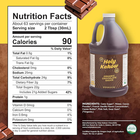 64oz Holy Kakow Organic Chocolate Syrup - Organic Chocolate Sauce, Organic, Add to Mochas, Waffles, & Ice Cream, Made