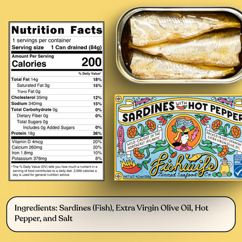 4-Pack (2x 2x Hand-Packed Omega-3s Fishwife Sardine Quad Sardines with Lemon, Sardines with Hot Pepper) | Wild-Caught