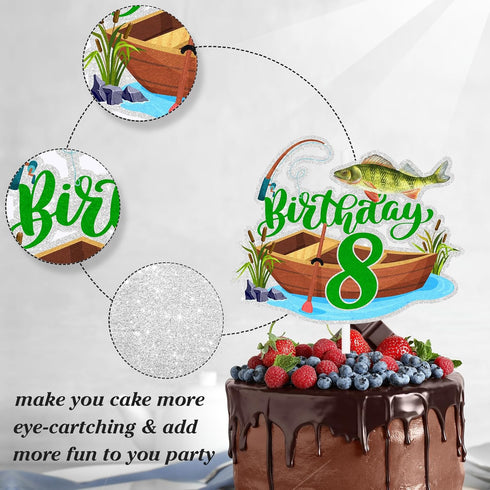 LIANGSS 8th (8th) Adorable Fishing Boat Birthday Cake Topper Boys Girls Bass Fish Decorations, Little Angler Party