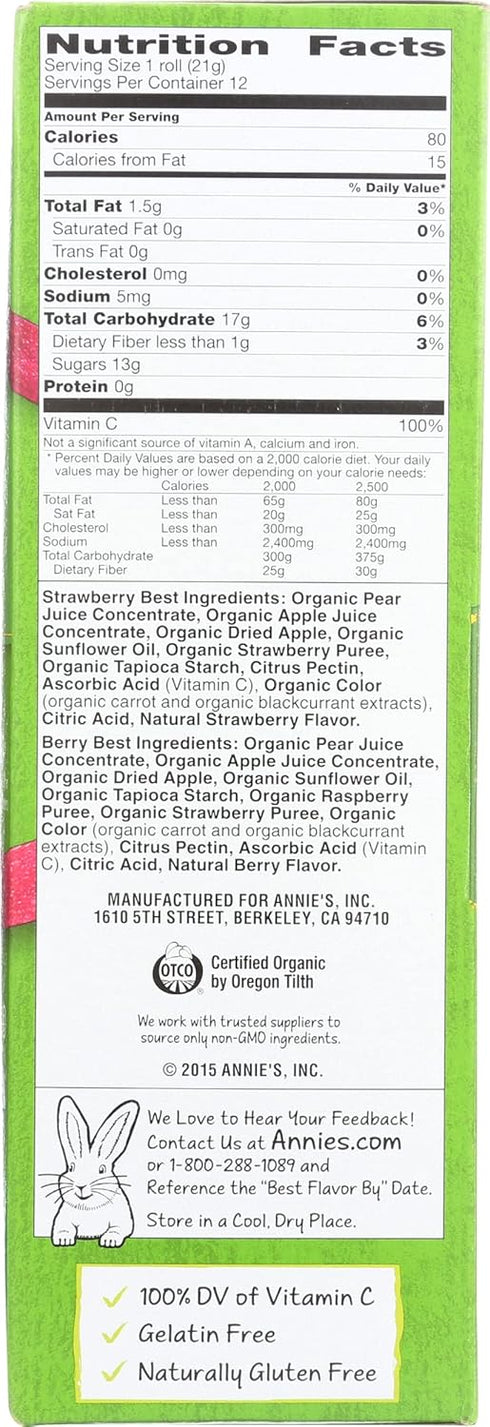 Pack, 12 9 (Pack 6) Annie's Homegrown Organic Really Peely Fruit Tape Snack, Strawberry & Berry Flavor, Gluten Free