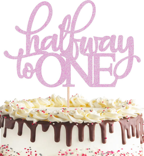 MYAMPED Half Way to One Cake Topper - Glitter Pink 6 Months Cake