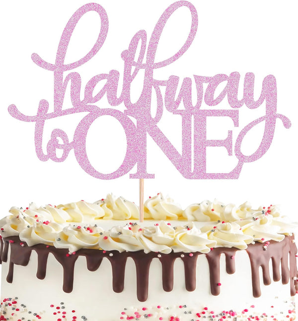 MYAMPED Half Way to One Cake Topper - Glitter Pink 6 Months Cake
