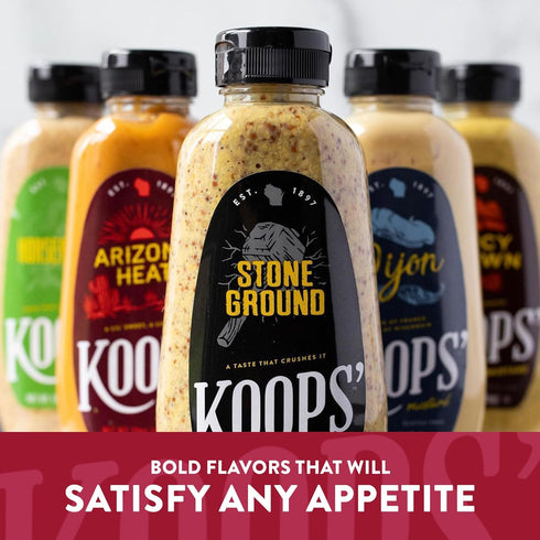 Pack 12 Oz, Pack 4 Koops' Sweet & Heat Mustard Variety Jalapeno, Arizona Heat, Horseradish, & Honey Dijon Gluten-Free