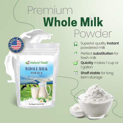 5 lbs Z Natural Foods Premium Whole Milk Powder - Powdered Milk for Baking, Cooking, Drinks - Dry Milk Powder