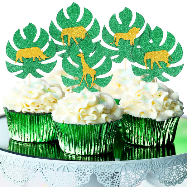 36 Pieces Jungle Style Animal Cupcake Toppers, Gold Glitter Palm Leaves Cake Decorations for Parties