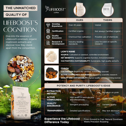 Immune 12 oz Lifeboost French Vanilla Cognition Mushroom Coffee - Low Acid Medium Organic Coffee with Nootropic Lions