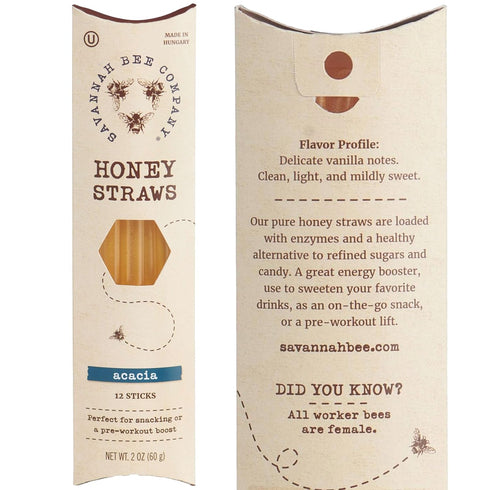Pack 12 Savannah Bee Company Honey Straws - Pure and All Natural Acacia Honey Sticks Made in the USA - Healthy Snacks